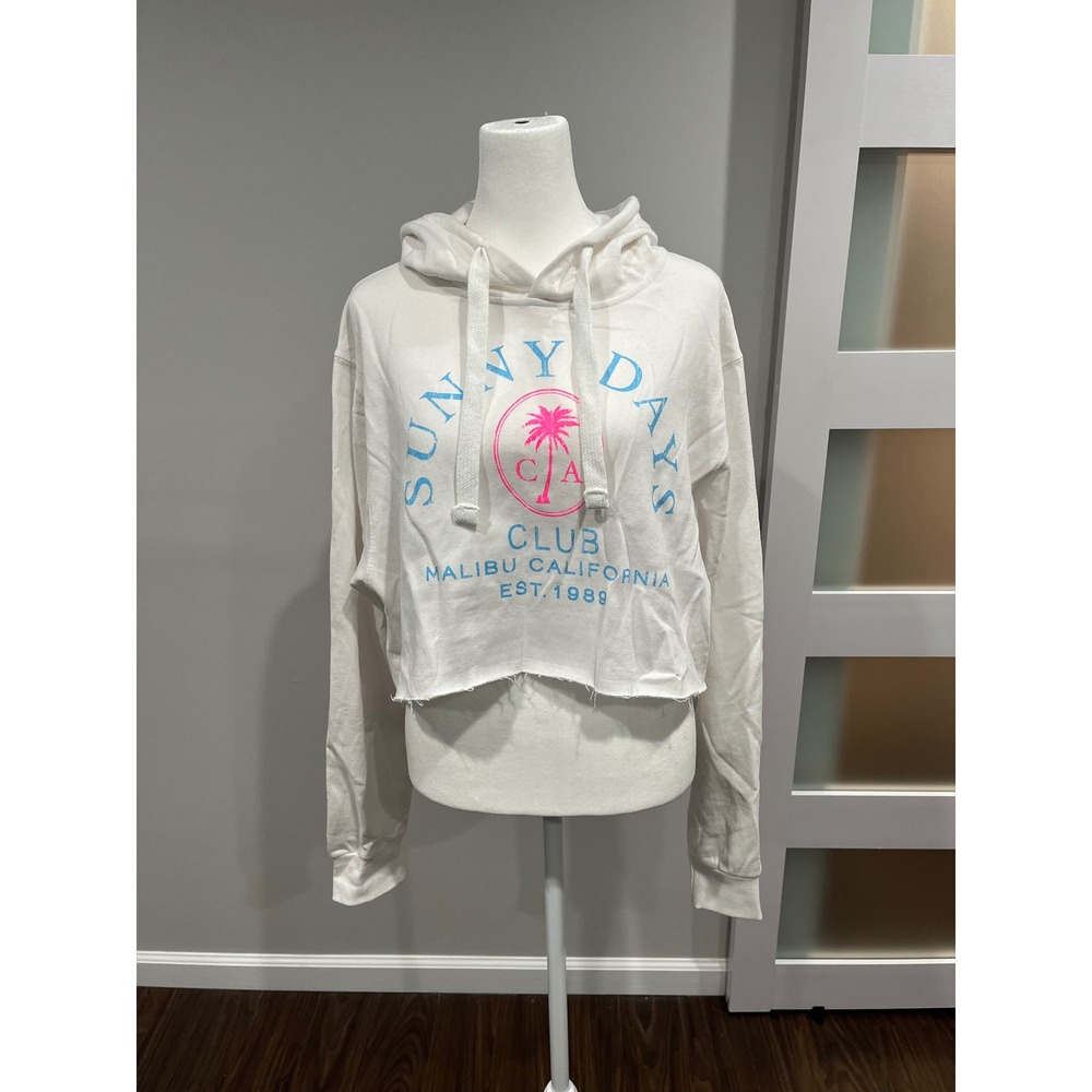Popular Sports White Cropped‎ Hoodie Club Malibu California Graphic Sweatshirt L